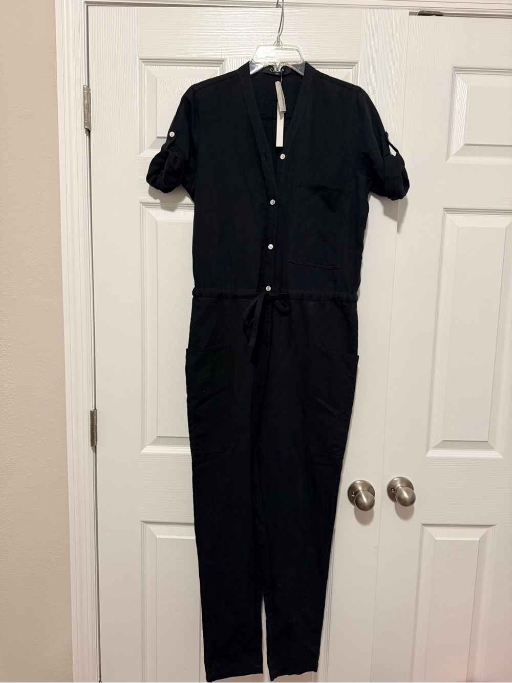 Caara Black Women's Button-Front Utility Jumpsuit with Drawstring Waist